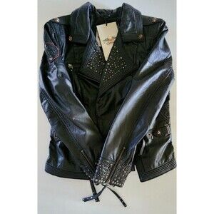 Harley Davidson Jacket Womens Medium Black Leather Zippers Pockets Studded New